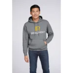 Hanorac bărbați graphite cu logo iRealPrint aplicat pe piept într-un design de branding premium, evidențiind contrastul elegant dintre grafica personalizată și materialul gri închis modern
