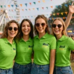 Grup de femei purtând tricouri polo damă personalizate verde iarbă cu logo iRealPrint la un eveniment outdoor, exemplu de utilizare pentru echipe și activări de marketing