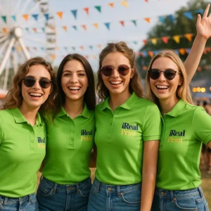 Grup de femei purtând tricouri polo damă personalizate verde iarbă cu logo iRealPrint la un eveniment outdoor, exemplu de utilizare pentru echipe și activări de marketing