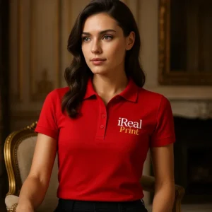 Model feminin purtând tricou polo damă personalizat roșu într-un interior elegant, ilustrând utilizarea în context business-casual