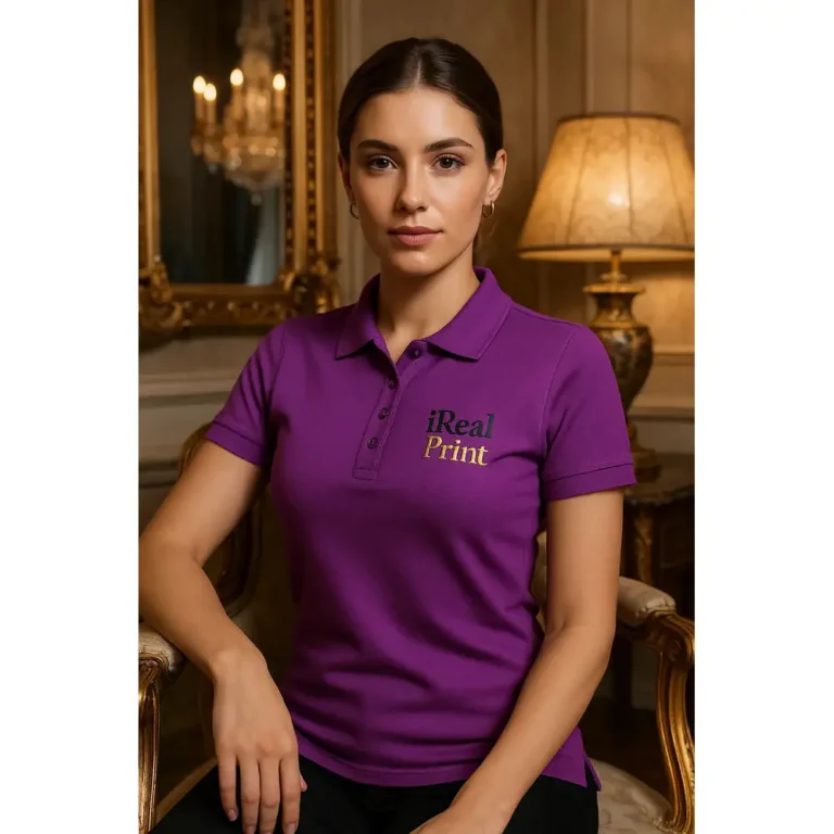 Femeie purtând tricou polo damă personalizat mov cu logo, stil elegant într-un decor premium pentru imagine de brand