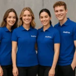 Promoteri purtând tricouri polo damă personalizate albastru regal în cadrul unei campanii de marketing sau lansări de produse