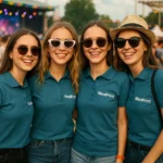 Grup de femei purtând tricouri polo damă personalizate albastru navy într-un context de eveniment, ilustrând utilizarea pentru echipe promoționale și activări de brand