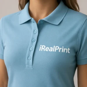 Detaliu personalizare logo aplicat prin transfer termic pe tricou polo damă personalizat albastru deschis evidențiind claritatea printului și textura materialului