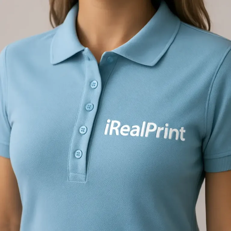 Detaliu personalizare logo aplicat prin transfer termic pe tricou polo damă personalizat albastru deschis evidențiind claritatea printului și textura materialului