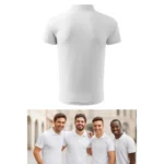 Spate tricou polo bărbați personalizat alb prezentat pe fundal neutru pentru evidențierea croielii masculine și a designului curat