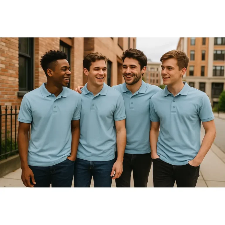 Grup de bărbați purtând tricouri polo bărbați personalizate albastru deschis într-un cadru urban modern, ilustrând utilizarea pentru echipe, branding și activări promoționale