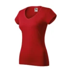 Tricou damă roșu cu anchior în V văzut din perspectivă laterală, evidențiind croiala feminină și linia elegantă a materialului