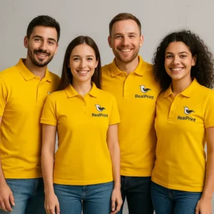Echipă purtând tricouri polo personalizate galbene cu logo RealPrint, uniforme moderne pentru evenimente, campanii promoționale și identitate vizuală de brand