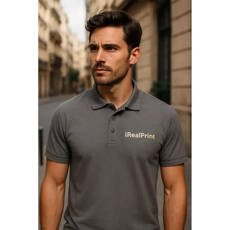 Bărbat purtând tricou polo gri metalic personalizat cu logo iRealPrint într-un decor urban modern, imagine lifestyle pentru branding premium