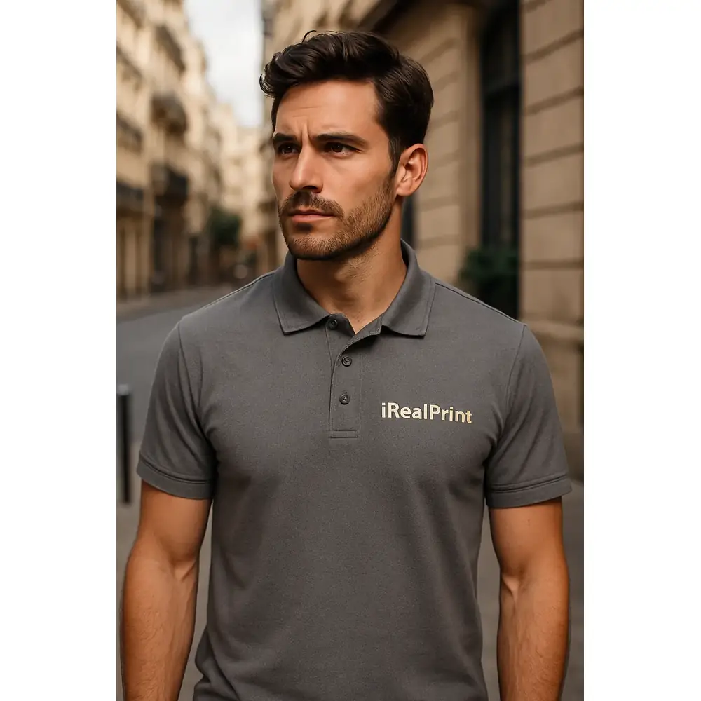 tricou-polo-barbati-personalizat-gri-metalic-logo-irealprint-lifestyle-urban Bărbat purtând tricou polo gri metalic personalizat cu logo iRealPrint într-un decor urban modern, imagine lifestyle pentru branding premium