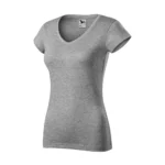 Tricou damă gri închis cu anchior în V văzut din perspectivă laterală, evidențiind croiala feminină și linia elegantă a materialului