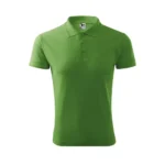 Tricou polo bărbați verde iarbă personalizat prezentat frontal, guler cu nasturi și material textil premium potrivit pentru uniforme și promovare de brand
