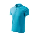 Tricou polo bărbați turcoaz văzut din perspectivă laterală, design elegant cu guler și nasturi potrivit pentru uniforme și evenimente corporate