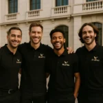 Echipă purtând tricouri polo bărbați negre personalizate cu logo iRealPrint în fața unei clădiri elegante, imagine profesională pentru identitate vizuală