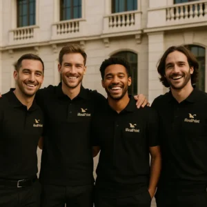 Echipă purtând tricouri polo bărbați negre personalizate cu logo iRealPrint în fața unei clădiri elegante, imagine profesională pentru identitate vizuală