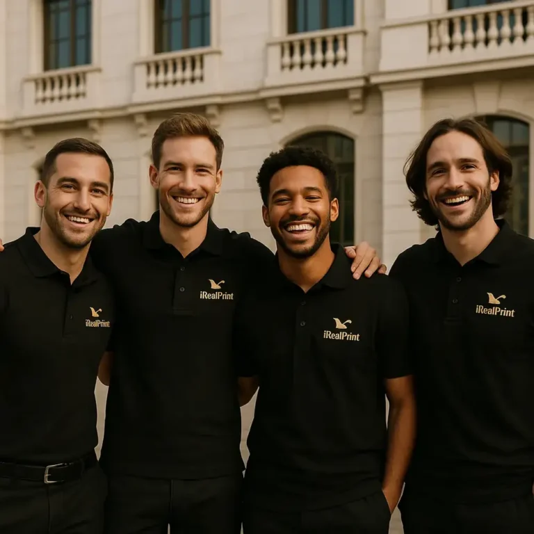 Echipă purtând tricouri polo bărbați negre personalizate cu logo iRealPrint în fața unei clădiri elegante, imagine profesională pentru identitate vizuală