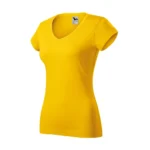 Tricou damă galben cu anchior în V văzut din perspectivă laterală, evidențiind croiala feminină și linia elegantă a materialului