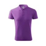 Tricou polo bărbați personalizat mov prezentat frontal pe fundal alb, design business casual cu guler și nasturi pentru branding profesional