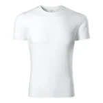 Tricou unisex personalizat alb prezentat în studio evidențiind materialul din bumbac și designul simplu ideal pentru designuri grafice