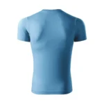 Spate tricou unisex personalizat albastru azur prezentat pe fundal simplu, design minimalist și croială universală
