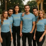 Echipă purtând tricouri personalizate unisex albastru deschis într-un cadru elegant, imagine profesională pentru identitate vizuală