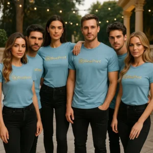 Echipă purtând tricouri personalizate unisex albastru deschis într-un cadru elegant, imagine profesională pentru identitate vizuală