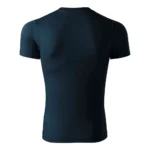 Spate tricou unisex personalizat albastru închis prezentat pe fundal alb, croială universală și material confortabil pentru purtare zilnică