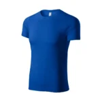 Tricou unisex albastru regal prezentat din perspectivă laterală pe fundal alb, design modern ideal pentru personalizare