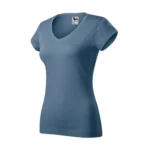 Tricou damă denim cu anchior în V văzut din perspectivă laterală, evidențiind linia elegantă a croielii și materialul confortabil