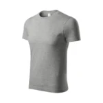 Tricou unisex personalizat gri închis prezentat din perspectivă laterală pe fundal alb, croială universală pentru branding