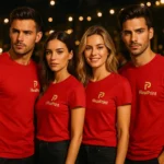 Bărbați și femei purtând tricouri unisex roșii personalizate cu logo iRealPrint într-un cadru lifestyle de eveniment, imagine pentru promovare