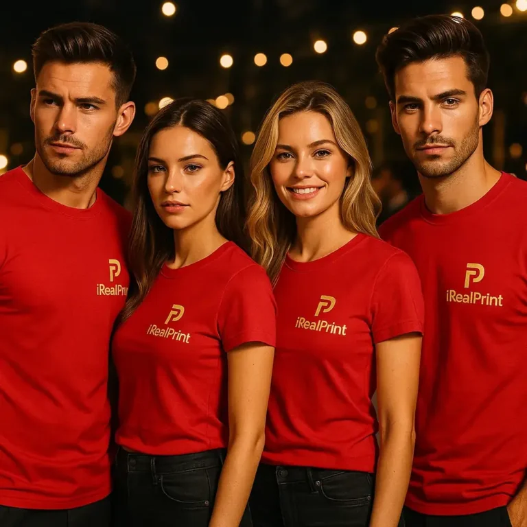 Bărbați și femei purtând tricouri unisex roșii personalizate cu logo iRealPrint într-un cadru lifestyle de eveniment, imagine pentru promovare