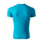 Spate tricou unisex turcoaz prezentat pe fundal neutru, croială universală ideală pentru personalizare cu logo, text sau design grafic
