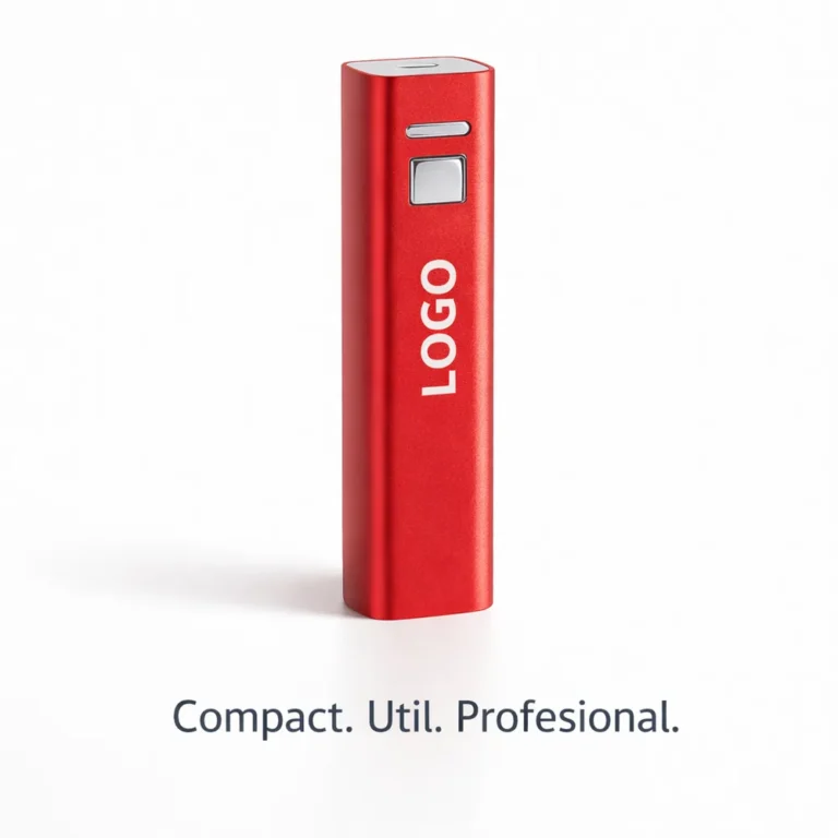 Power bank roșu personalizat într-un cadru lifestyle de birou modern, accesoriu tehnologic promoțional potrivit pentru branding corporate și vizibilitate crescută