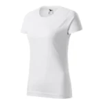 Tricou damă personalizat alb fotografiat din perspectivă laterală, evidențiind croiala feminină și suprafața pentru personalizare