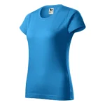 Tricou damă personalizat albastru fotografiat din perspectivă laterală, evidențiind forma feminină și materialul premium al produsului