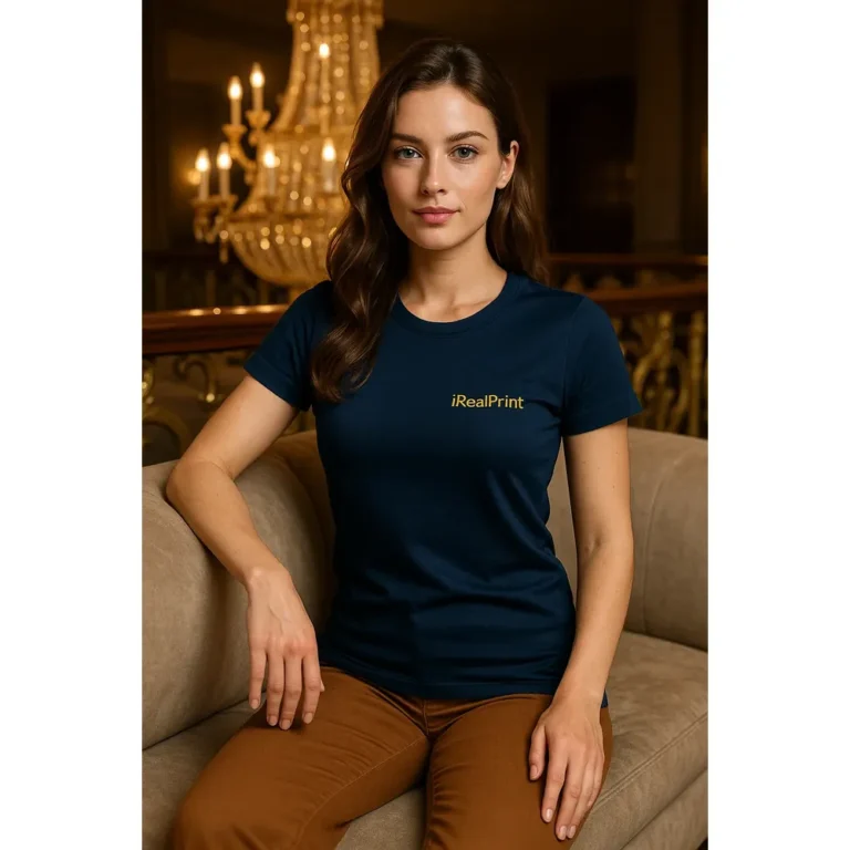 Model feminin purtând tricou damă personalizat albastru navy într-un interior elegant, exemplu de outfit casual premium