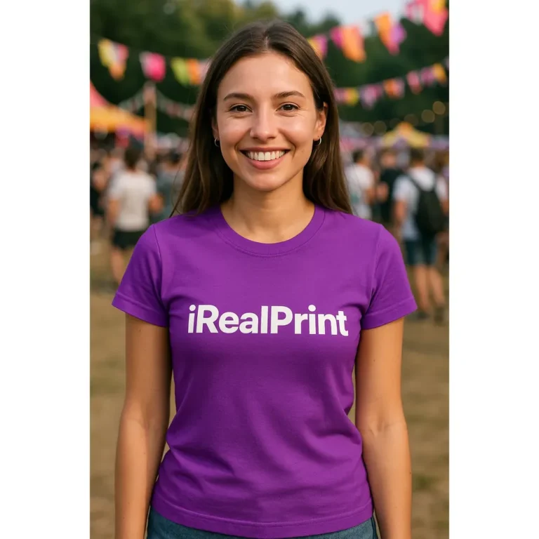 Model feminin purtând tricou damă personalizat mov la un eveniment în aer liber, ilustrând utilizarea casual și modernă