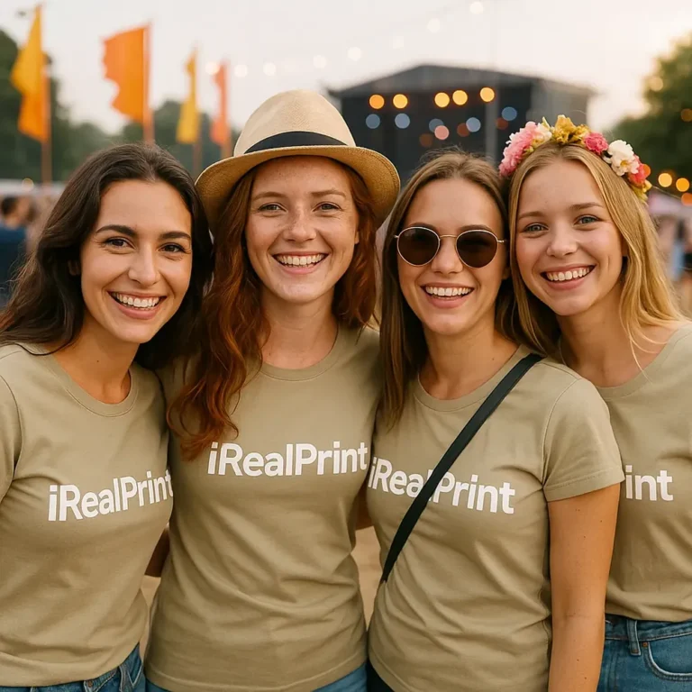 Grup de prietene purtând tricouri damă personalizate kaki deschis cu logo iRealPrint la un festival în aer liber, exemplu de utilizare lifestyle