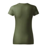 Spate tricou damă personalizat kaki prezentat pe fundal neutru pentru evidențierea croielii feminine