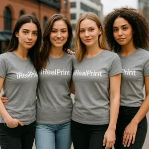 Grup de prietene purtând tricouri damă personalizate gri închis cu logo iRealPrint într-un context casual urban, ilustrând utilizarea socială