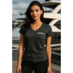 Spatele unui tricou damă ebony gray cu anchior în V, design minimalist și material confortabil potrivit pentru personalizare