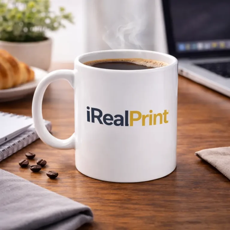 Cană albă personalizată 350ml cu logo iRealPrint pe birou lângă laptop și cafea, sugerând utilizarea zilnică într-un workspace modern