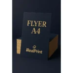 Flyer personalizat A4 premium realizat prin tipar de înaltă calitate iRealPrint, prezentat într-un cadru elegant pentru evidențierea designului profesional.