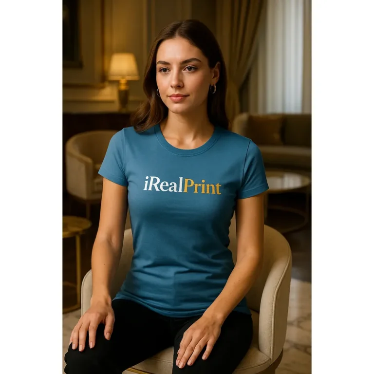 Model feminin purtând tricou damă personalizat denim într-un interior elegant, exemplu de outfit casual premium cu personalizare vizibilă