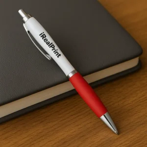 Pix plastic personalizat Elipse White roșu prezentat din unghi pe fundal neutru, pix promoțional modern pentru personalizare cu logo și campanii promoționale