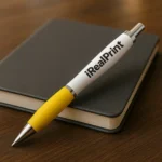 Pix Elipse White galben așezat pe agendă de birou, accesoriu promoțional modern pentru vizibilitatea brandului în mediul office