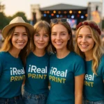 Grup de femei purtând tricouri damă personalizate albastru petrol la eveniment outdoor, exemplu de utilizare pentru echipe, festivaluri și branding vizibil