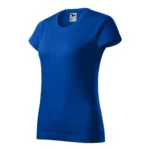 Detaliu personalizare logo aplicat prin transfer termic pe tricou damă albastru regal, contrast puternic și aspect profesional al imprimării